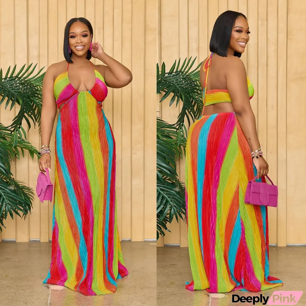 Sexy Multi-Color Print Pleated Halter Neck Lace-Up Oversized Plus Size Dress