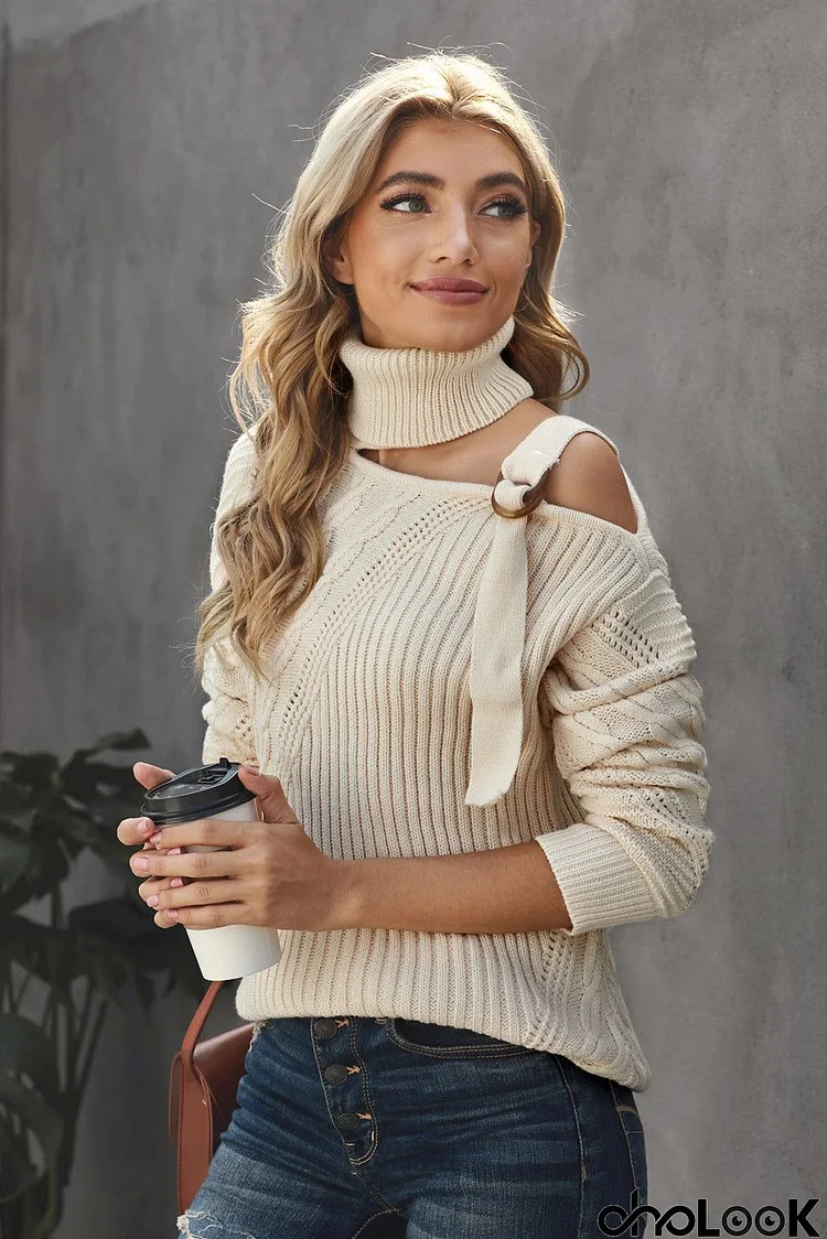 Women's Apricot Strapped Cut out Shoulder Turtleneck Sweater