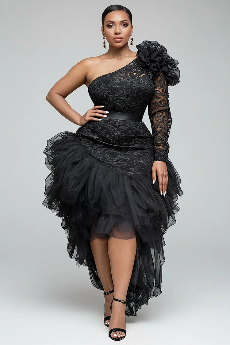 Xpluswear Design Plus Size Party Black One Shoulder Long Sleeve High Low Hem See Through Lace Midi Dresses 2024 - Xpluswear