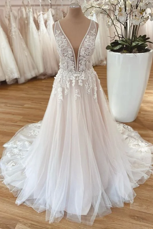 Daisda A-Line Wide Straps Tulle Floor-length Wedding Dress With Floral Lace