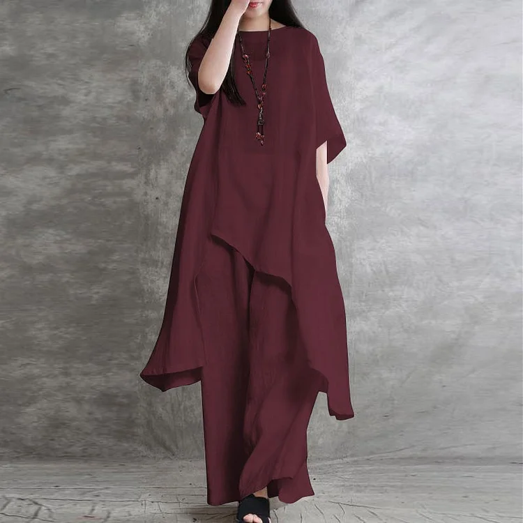 Simple Cotton Linen Short Sleeve Top and Pants Suits