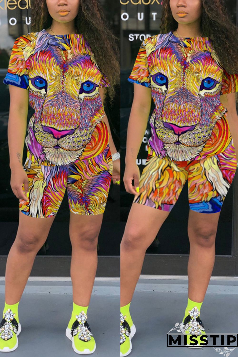 Yellow knit Sexy Patchwork Print Straight Short Sleeve Two Pieces