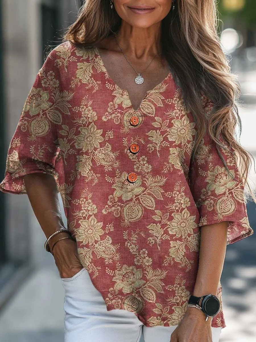 Women's Vintage Lovely Floral Art Print Casual Cotton Linen V-neck Shirt
