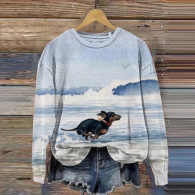Seaside Running Choker Dog Print Casual Sweatshirt