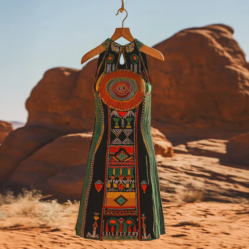 Women's Vintage Juneteenth Black Pride African Geometric Art Pattern Halter Neck Dress