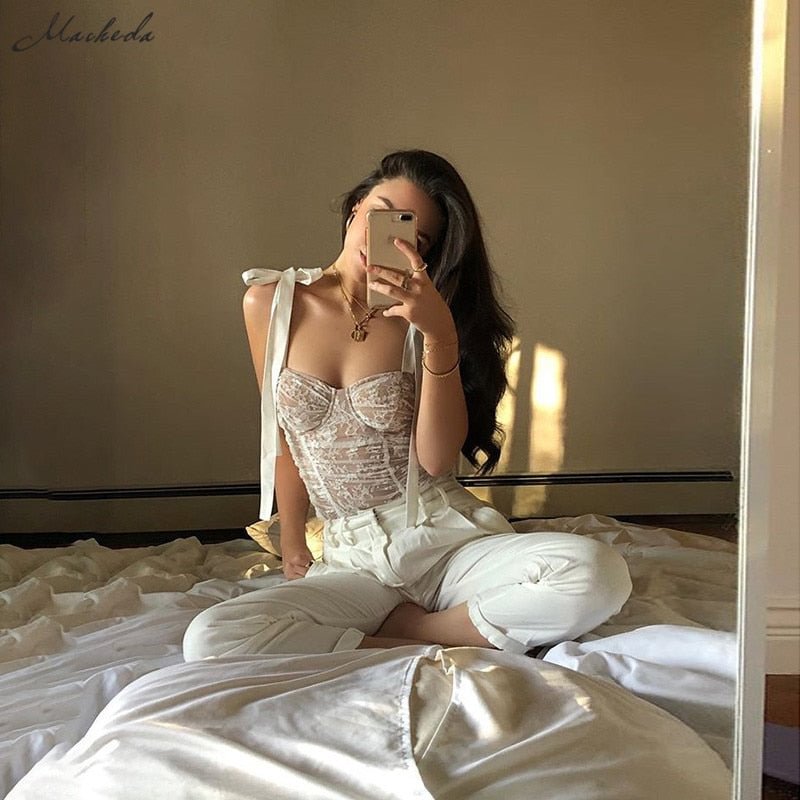 Macheda Women Camisole Autumn Sexy White Lace Up Cropped Tops Lady Fashion Elegant Wild Basic Slim Tees Mujer 2019 New