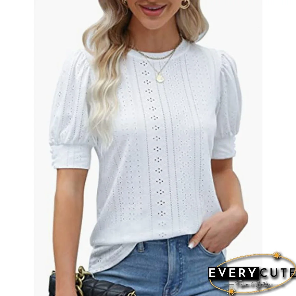 White Hollow-out Puff Sleeve Tops