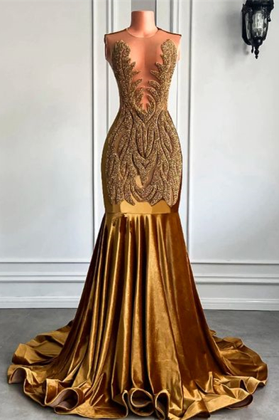Bellasprom Gold Scoop Sleeveless Mermaid Prom Dress Velvet With Beads Bellasprom