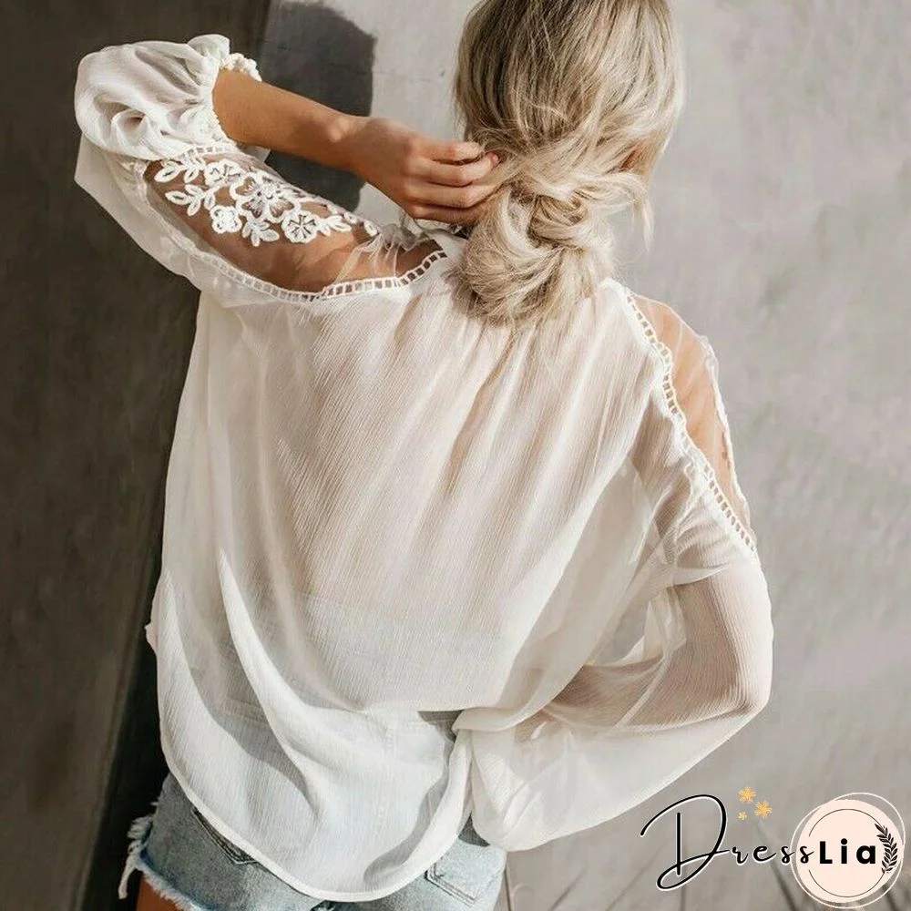 Black Chiffon Lace Panel Women's Mesh Lace Crochet Balloon Sleeve Shirt Loose White