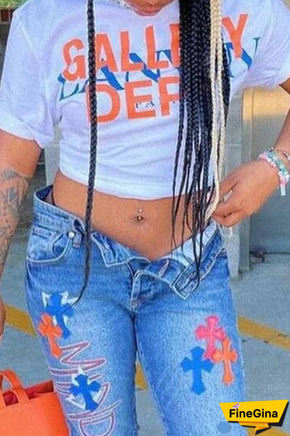 White Casual Print Letter O Neck T-Shirts