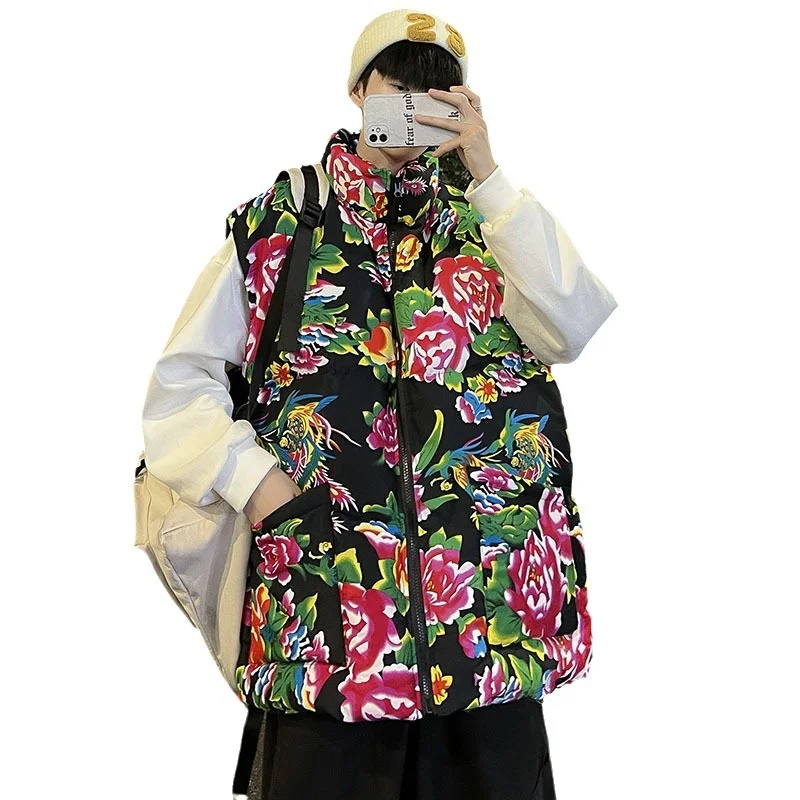 Toloer Chinese Wind Northeast Big Flower Cotton Vest Large Size Loose Autumn And Winter Coat Vest Vest Costume Sleeveless Coat-Outfit Ideas