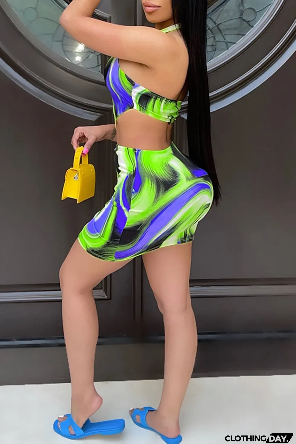 Rose Red Fashion Sexy Print Hollowed Out Backless Halter Sleeveless Dress