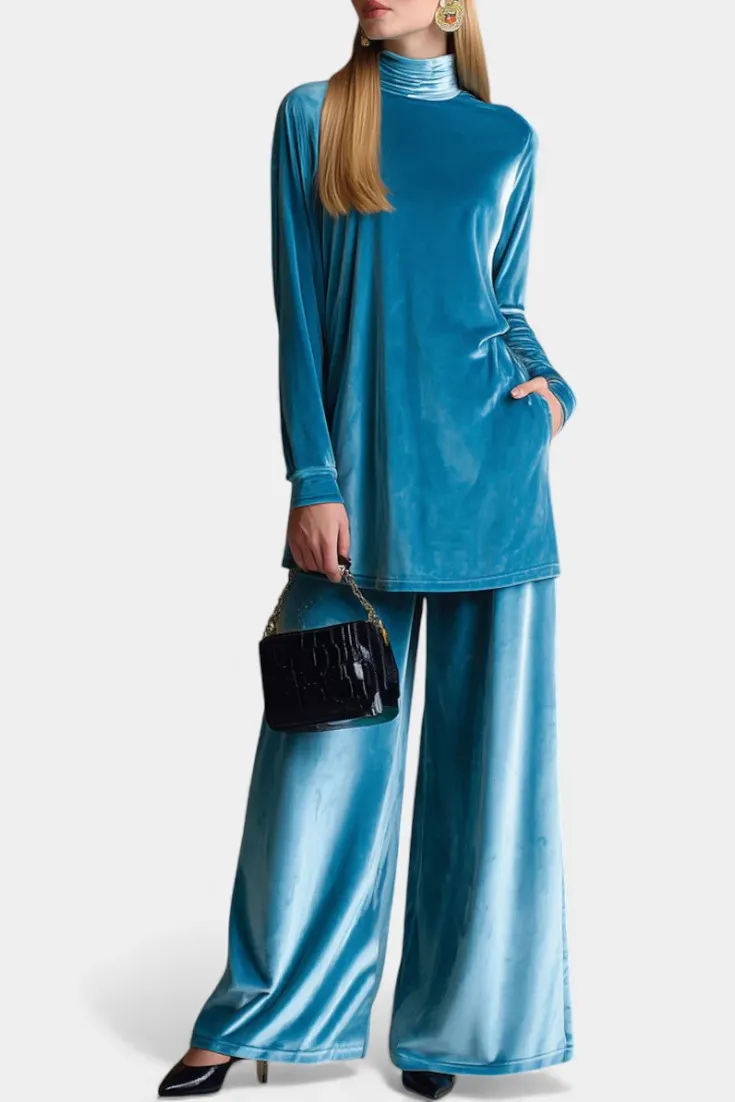 Velvet High-Neck Tunic and Wide-Leg Trouser Set