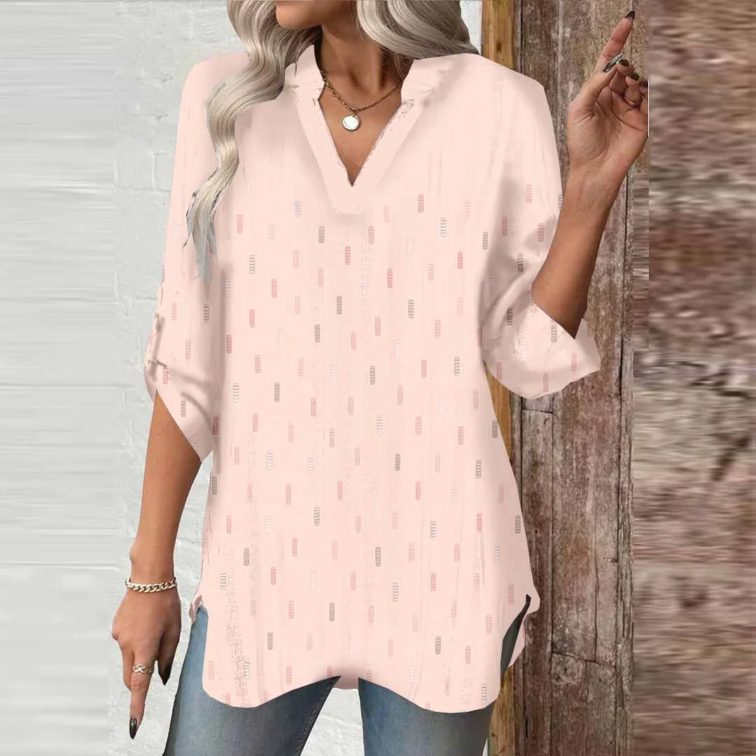 Women Pink, Polka Dots, Shiny DZGA0519 3/4 Sleeve V-neck Printed Graphic Button Tops