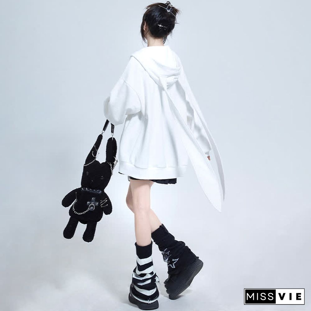 Long Bunny Ears Pocket Oversize Zipper Hooded Sweatshirt