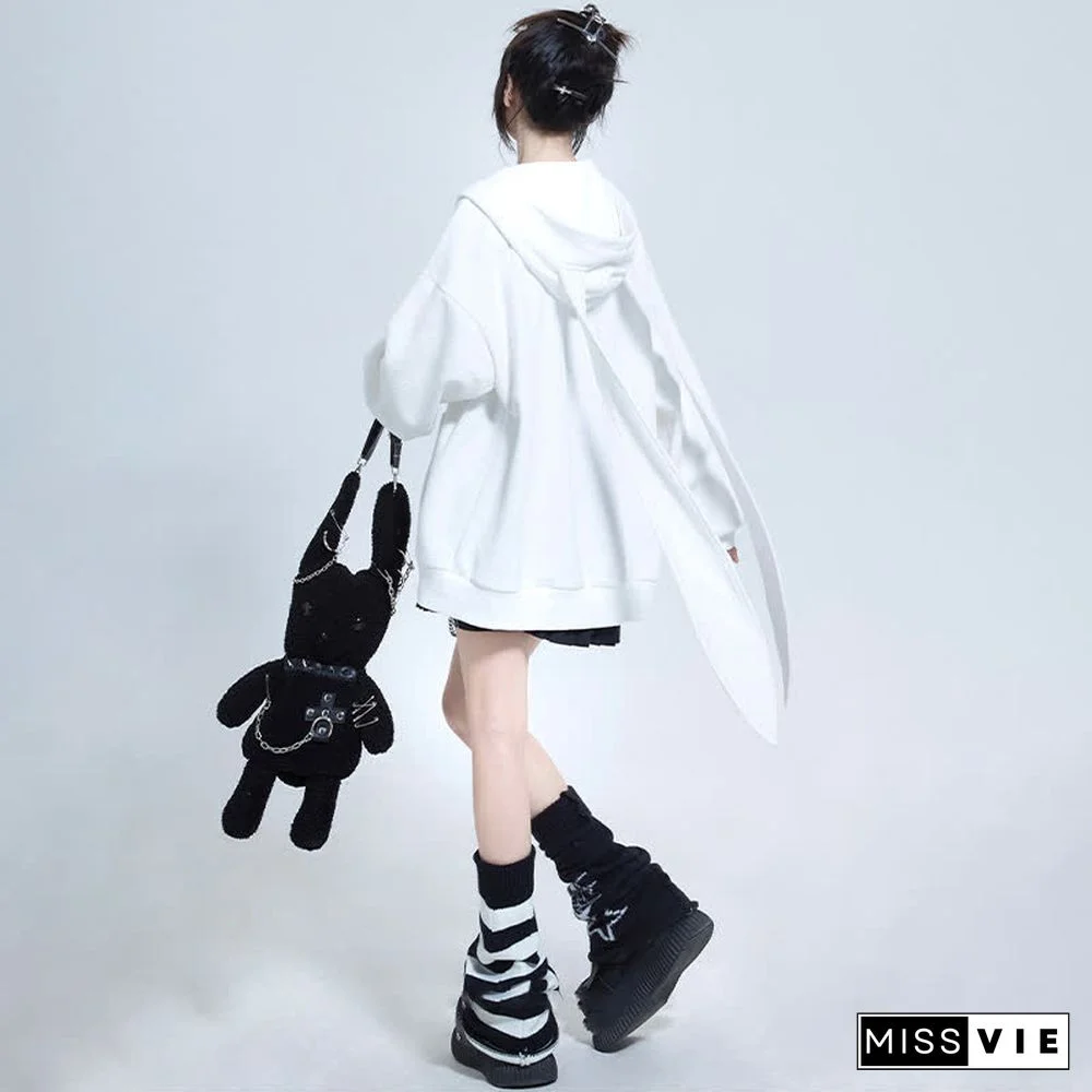 Long Bunny Ears Pocket Oversize Zipper Hooded Sweatshirt