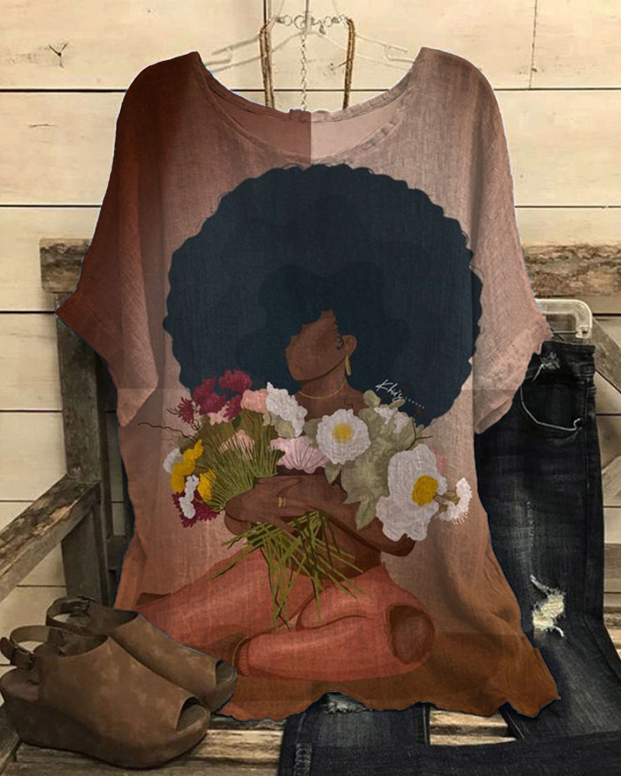 Colorblock Afro Girl with Flower Print Short Sleeve Casual Linen Blend Tunic