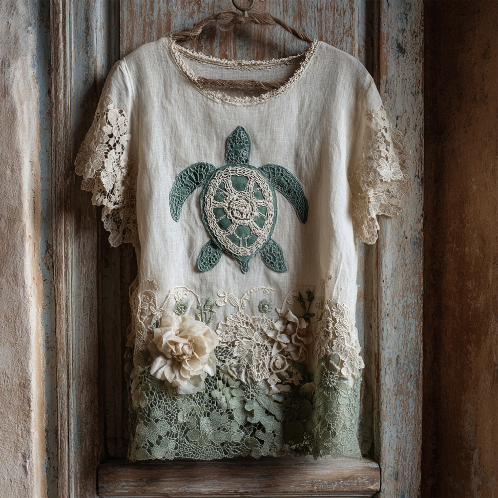 Vintage Sea ​​turtle Lace Embroidered Cozy Linen T Shirt wearshes