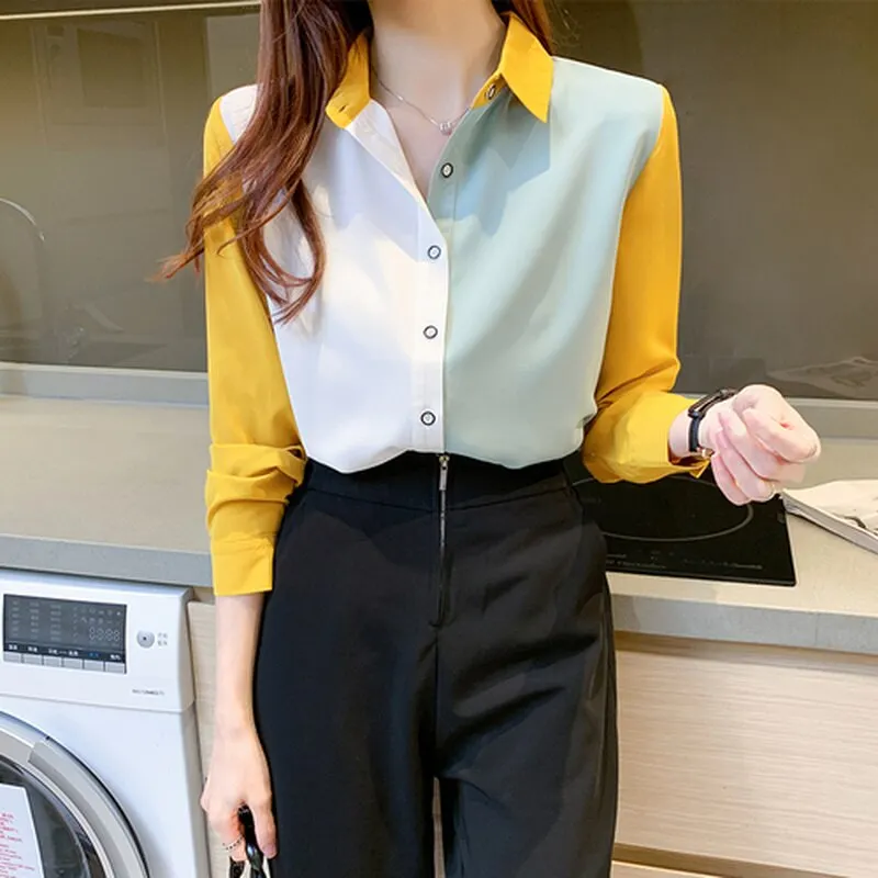 2021 Korean Long Sleeved Chiffon Shirt Women Splicing Color Singel Breasted Women's Blouse Autumn Lapel Top Female Blusas 11987