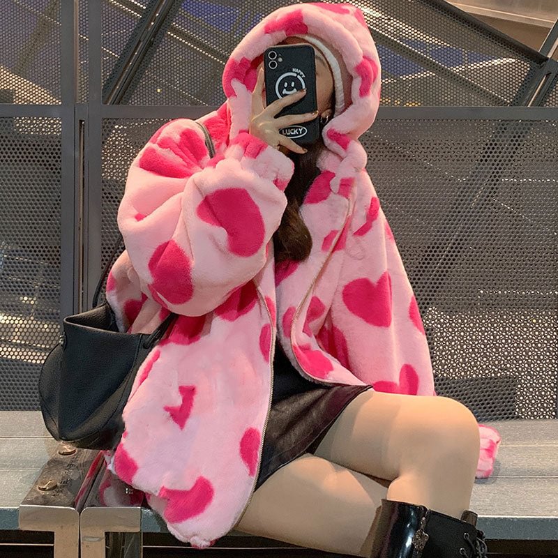 Back To College 90s Winter Thick Jackets Women Comfortable Sweet Loose Heart-shaped Print Hooded Coat Fashion Casual Warm Couple Tops Streetwear