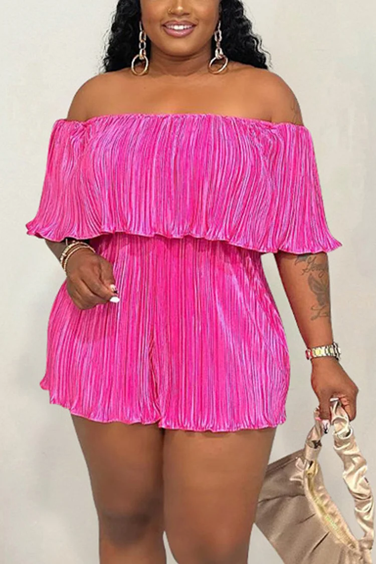 Plus Size Rose Red Casual Off Shoulder Ruffled Pressed Rompers [Pre-Order]