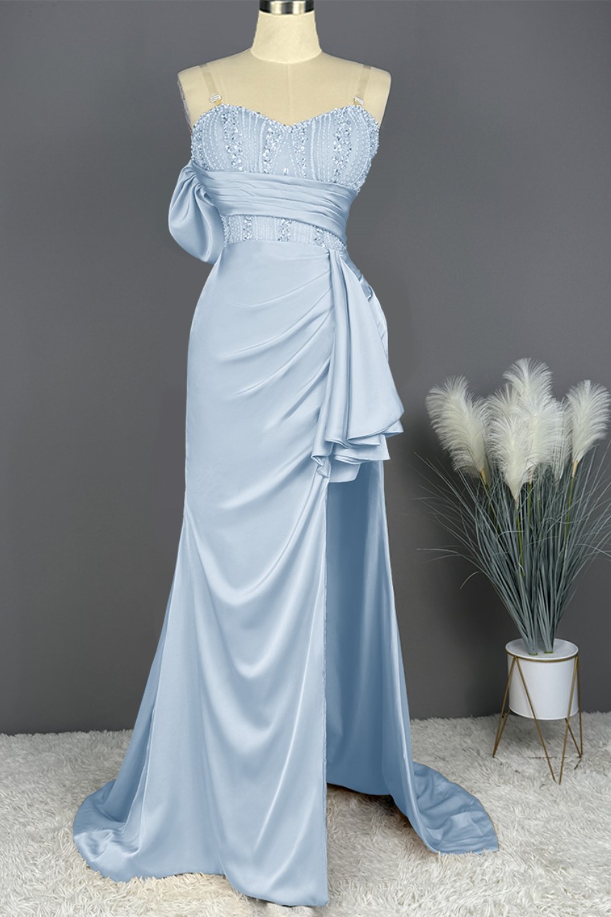 Ovlias Elegant Spaghetti Straps Split Mermaid Prom Dress Long Pleated Sleeveless Evening Gown with Beading Sequins