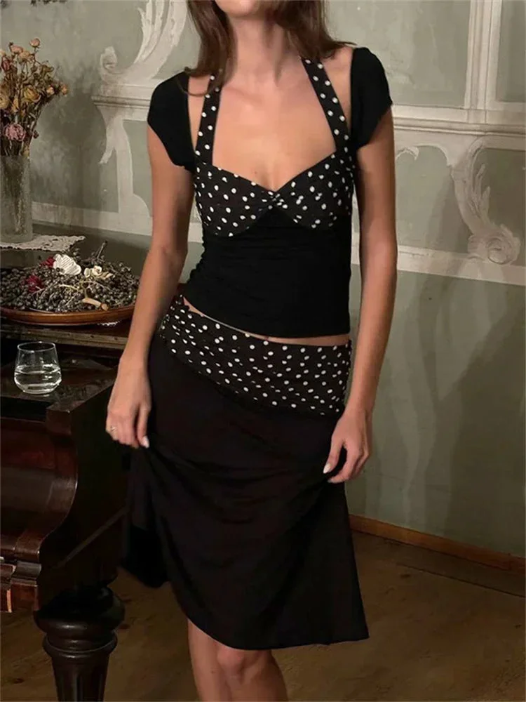 Toloer Black Polka Dot Patchwork Top And Midi Skirt Set-Outfit Ideas