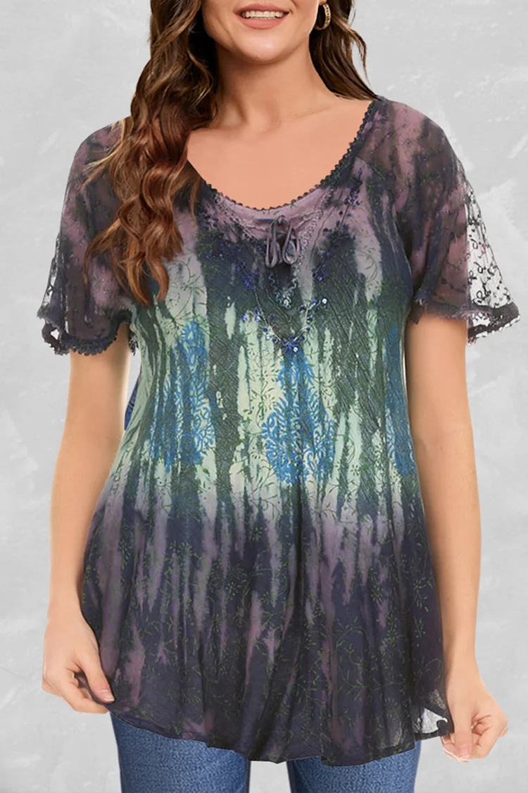 Flycurvy Plus Size Casual Brown Ombre Tie Dye Lace-Up Blouse  Flycurvy [product_label]