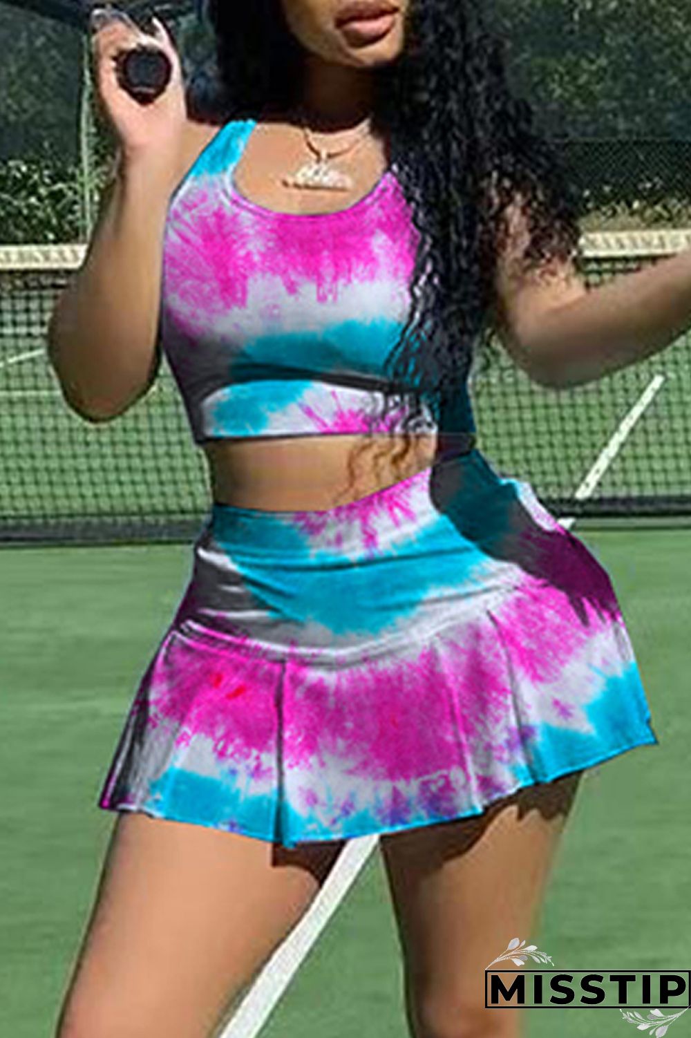 Green Yellow Sexy Casual Print Tie Dye Vests U Neck Sleeveless Two Pieces