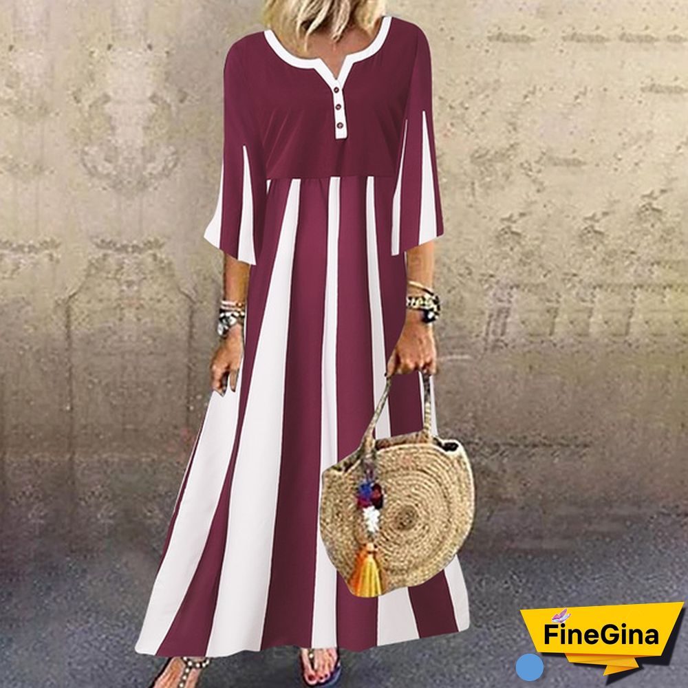 Women's Fashion V Neck 3/4 Sleeve Casual Loose Long Dress Plus Size Striped Dress Vestidos