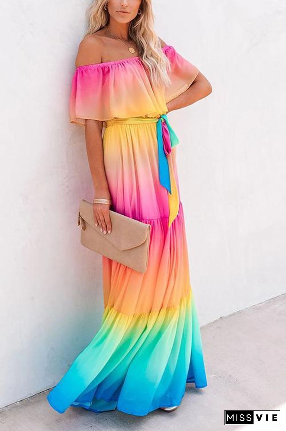 Gradient Off Shoulder Belted Maxi Dress