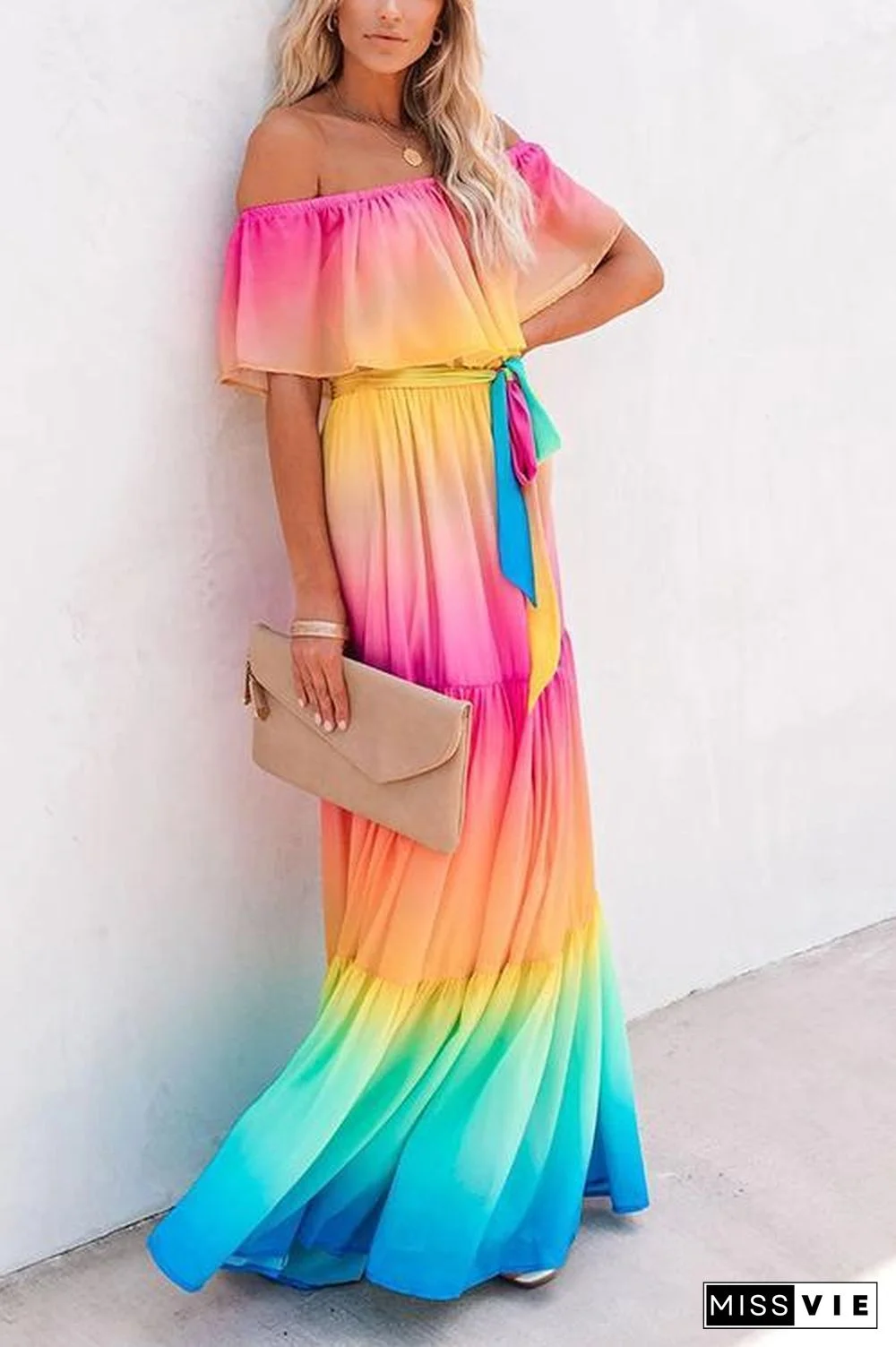 Gradient Off Shoulder Belted Maxi Dress