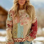 Women's Vintage Rose Floral Chunky Knit Warm Crew Neck Sweater - Image 2