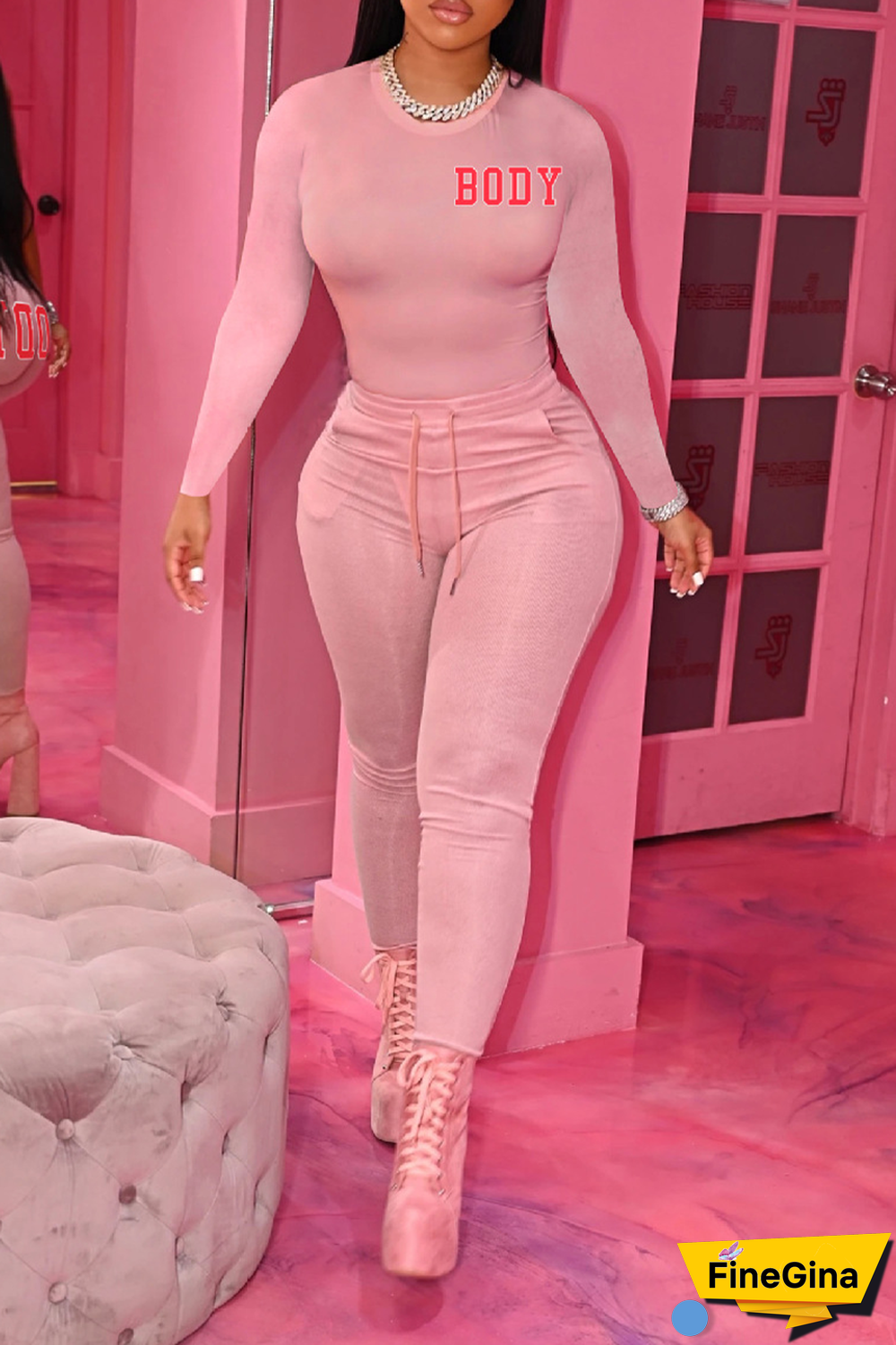 Pink Casual Print Patchwork O Neck Long Sleeve Two Pieces