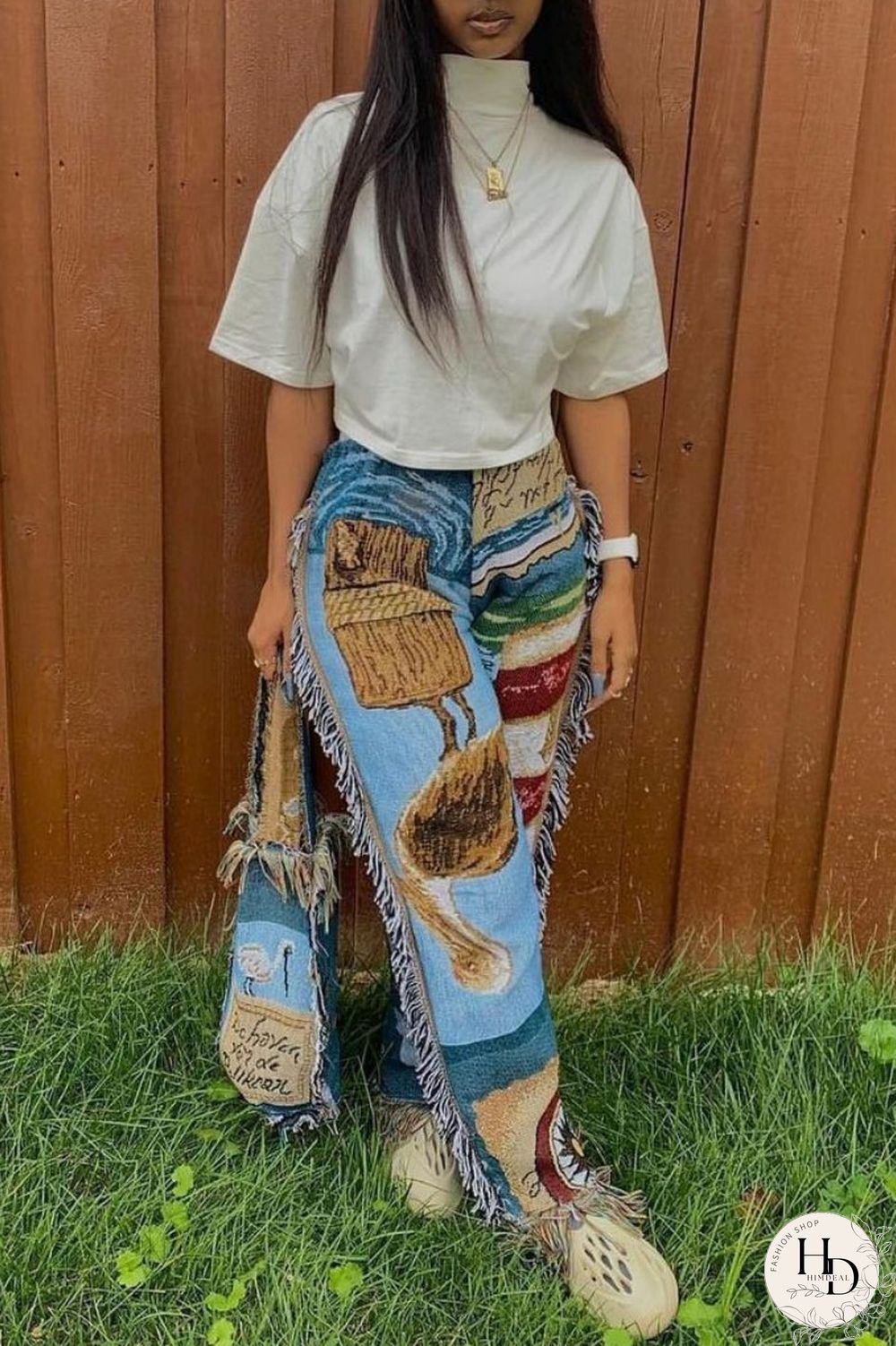 Sky Blue Casual Print Tassel Patchwork Regular High Waist Conventional Full Print Trousers