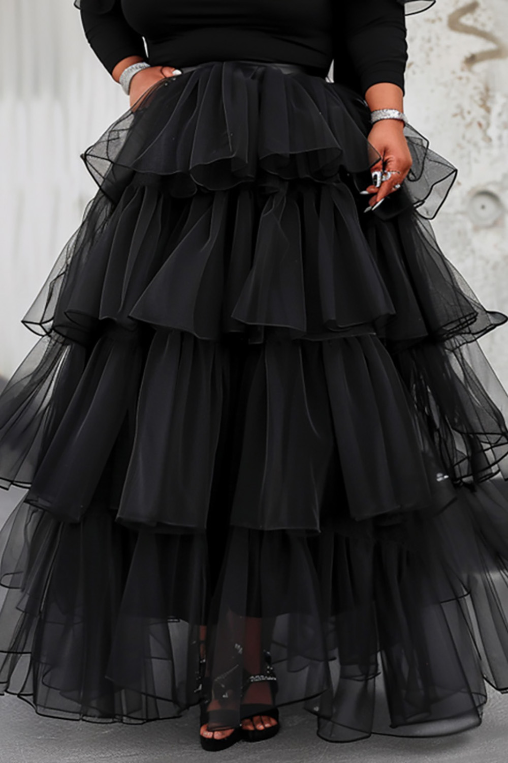Design Plus Size Daily Elegant Black Ruffle Layered Tulle Skirts [Pre-Order]