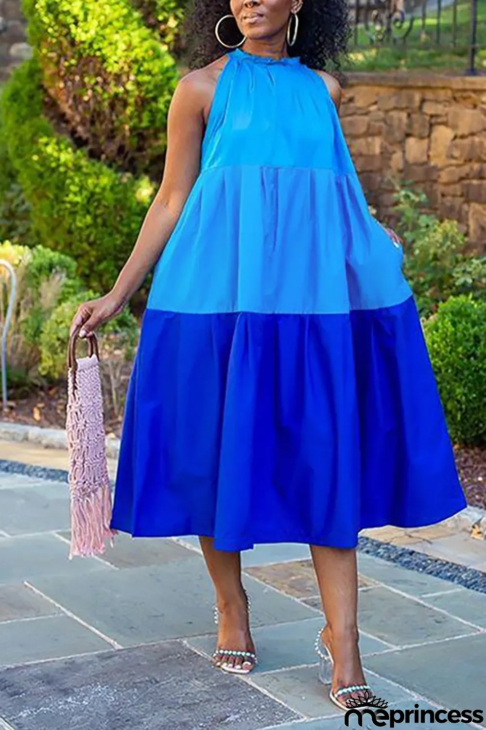 Dark Blue Casual Sleeveless Halter Neck A-Line Knee-Length Patchwork Solid chain Dresses