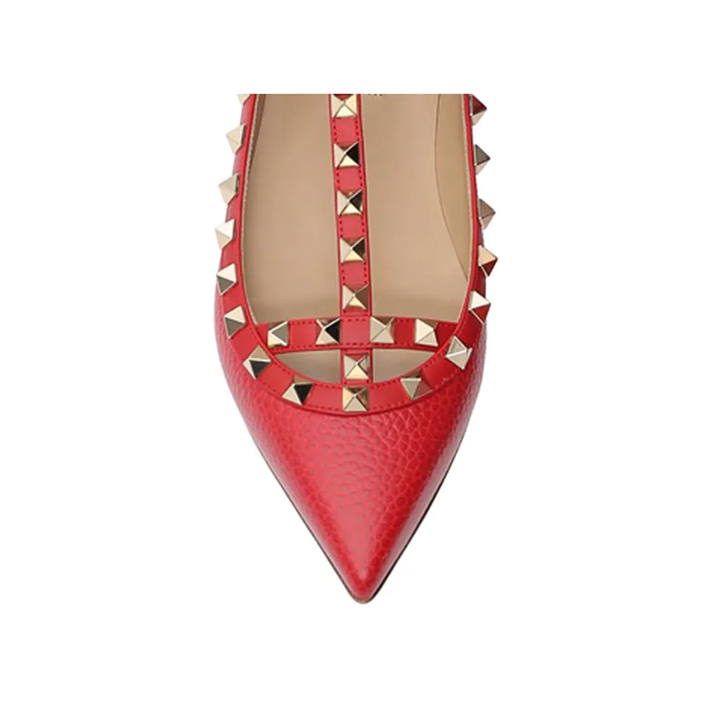 Women's Flats Rivets Rockstud Daily Pointed Toe Ballet Red Lichee Pattern Shoes-vocosishoes