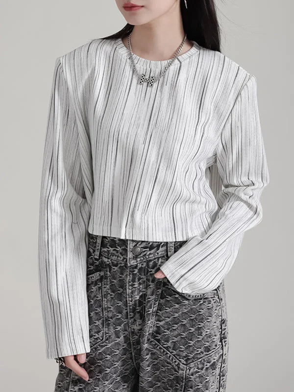 Stylish White Round-Neck Shoulder Pad Striped Long Sleeve Crop T-Shirt