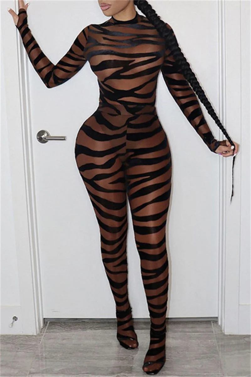 Fashion Sexy Print See-through O Neck Skinny Jumpsuits