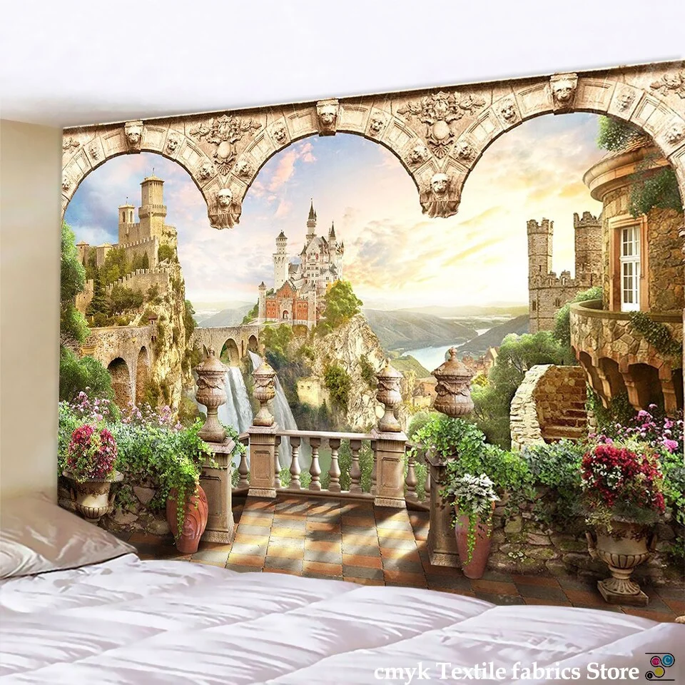 Viewing Platform Tapestry Ancient Rome Middle Ages Column Mountain Forest Castle River City Peacock Swan Wall Hang