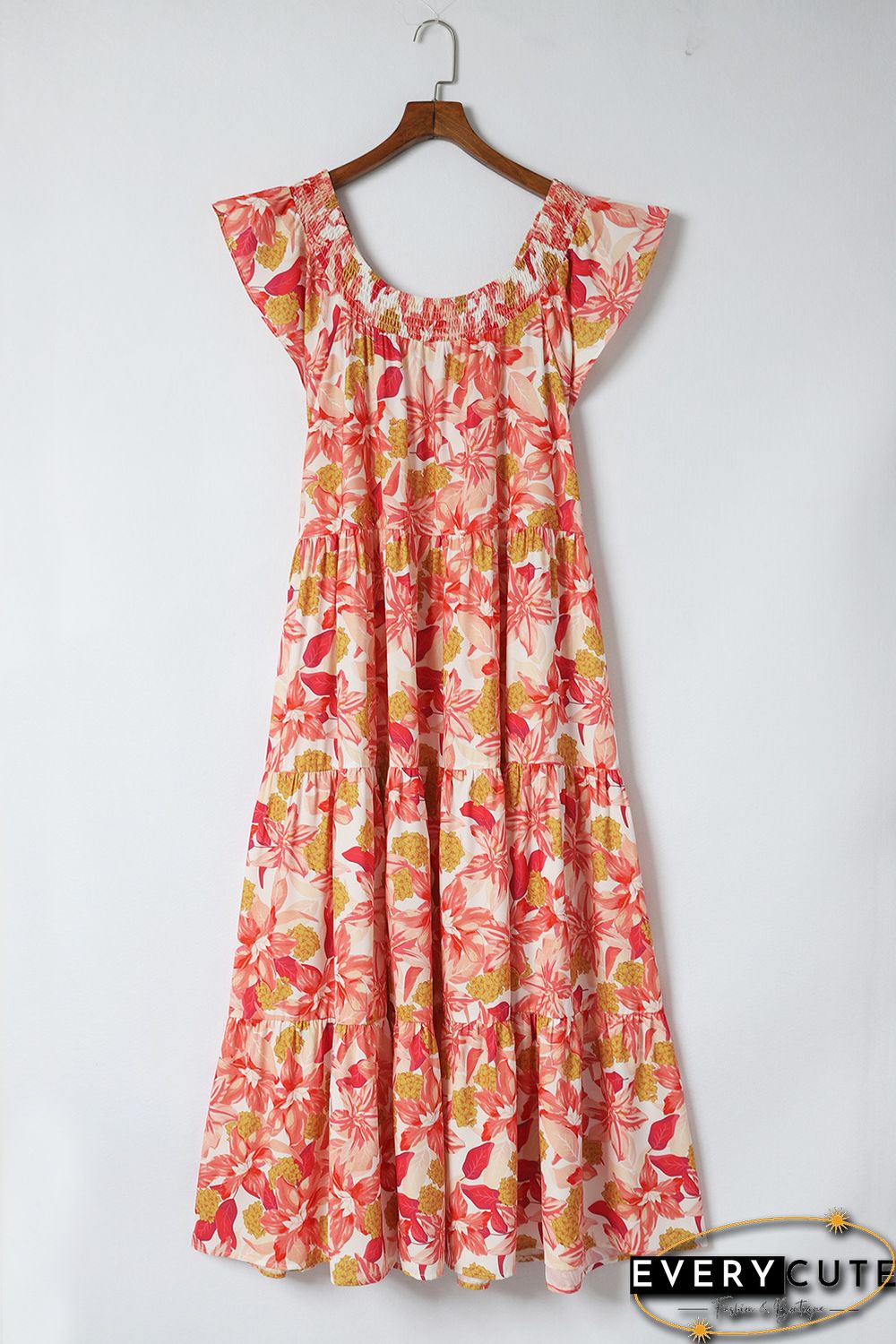 Orange Floral Print Shirred Ruffled Sleeveless Plus Size Dress