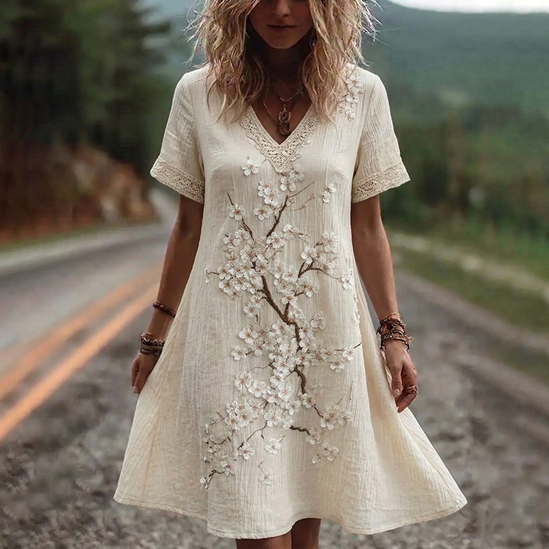 Women's Retro Cherry Blossom Art Pattern Short Sleeve Mini Dress elevenforest