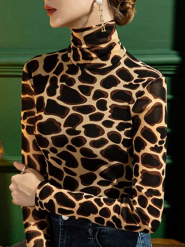 Leopard Skinny Long Sleeves High-neck T-Shirts Tops