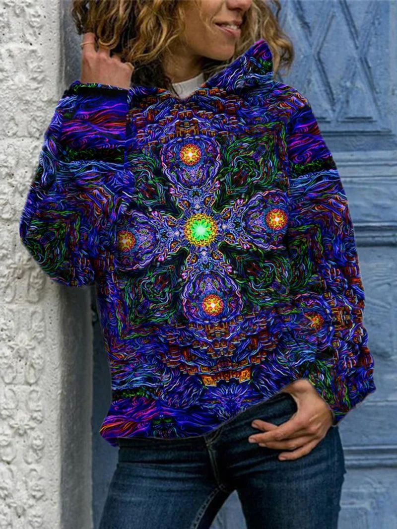 Cross geometric printed long-sleeved pocket hooded sweatshirt