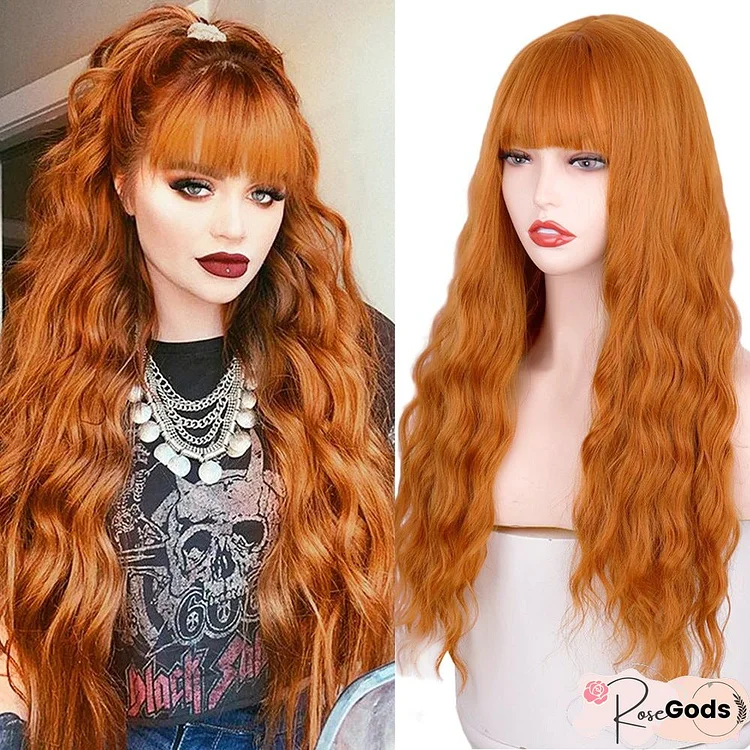 Qi Bangs Long Curly Wavy Chemical Fiber Wig Head Cover