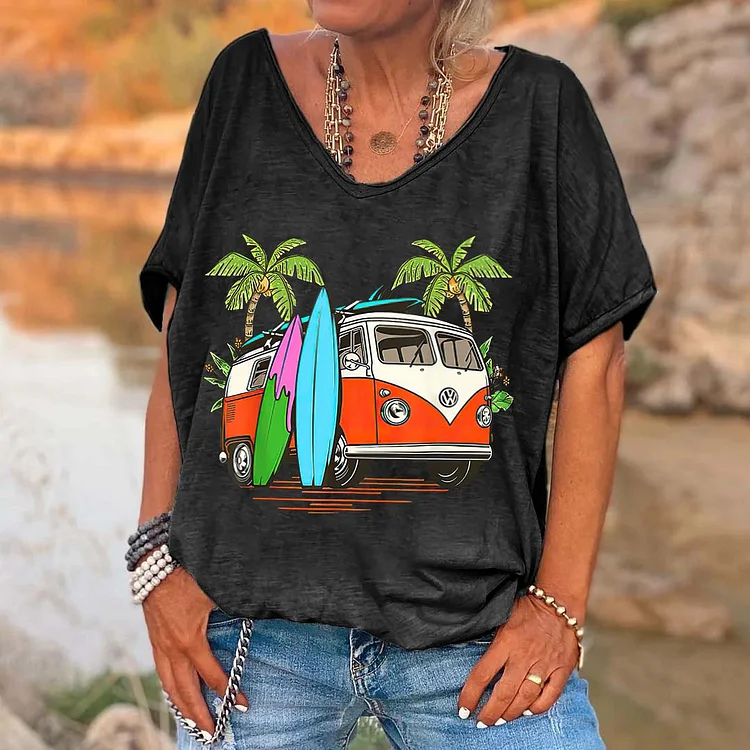 Beach Surfboard Bus Print V-Neck T-Shirt