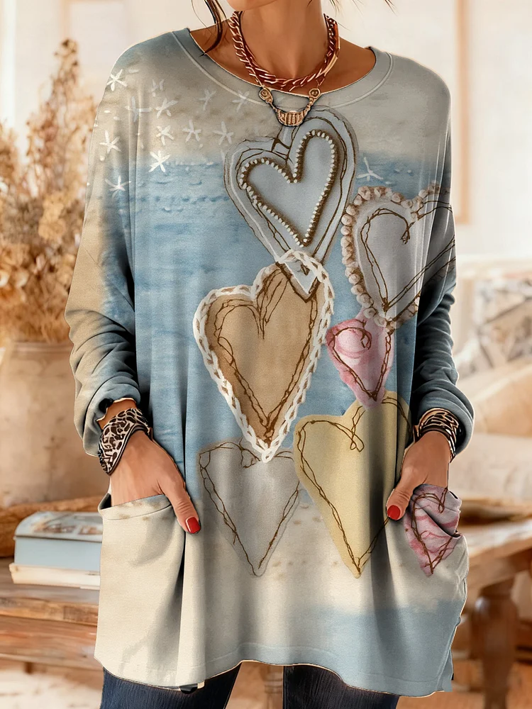 Women's Casual Retro Heart-shaped Pocket Long-sleeved T-shirt  socialshop
