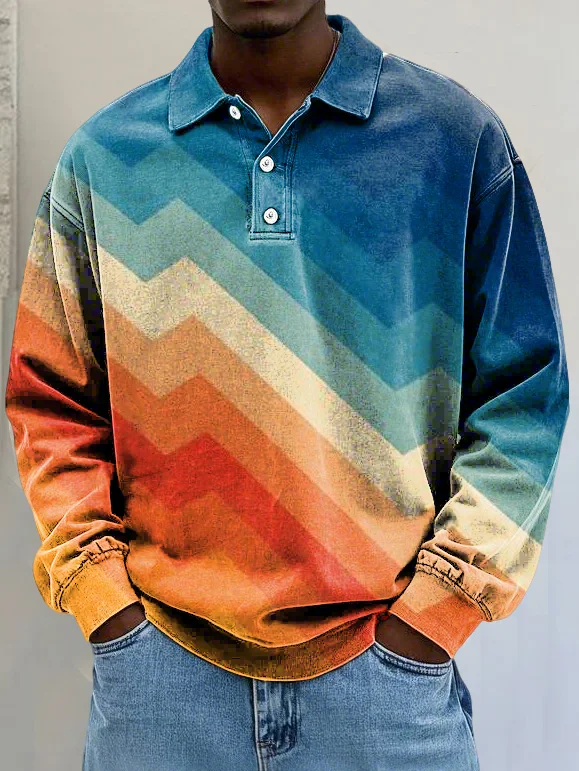 Men's Retro Abstract Art Print Lapel Long Sleeve Polo Shirt