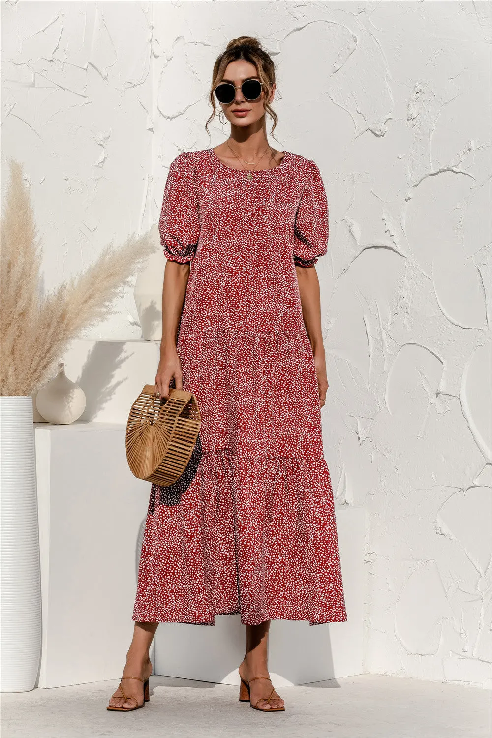 Brownm Sleeve Dot Plaid Urban Style Loose Stitching Long Dress